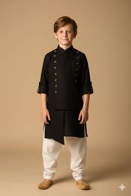 Black viscose kurta bandi set for boys 1