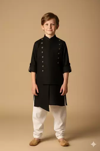 Black viscose kurta bandi set for boys
