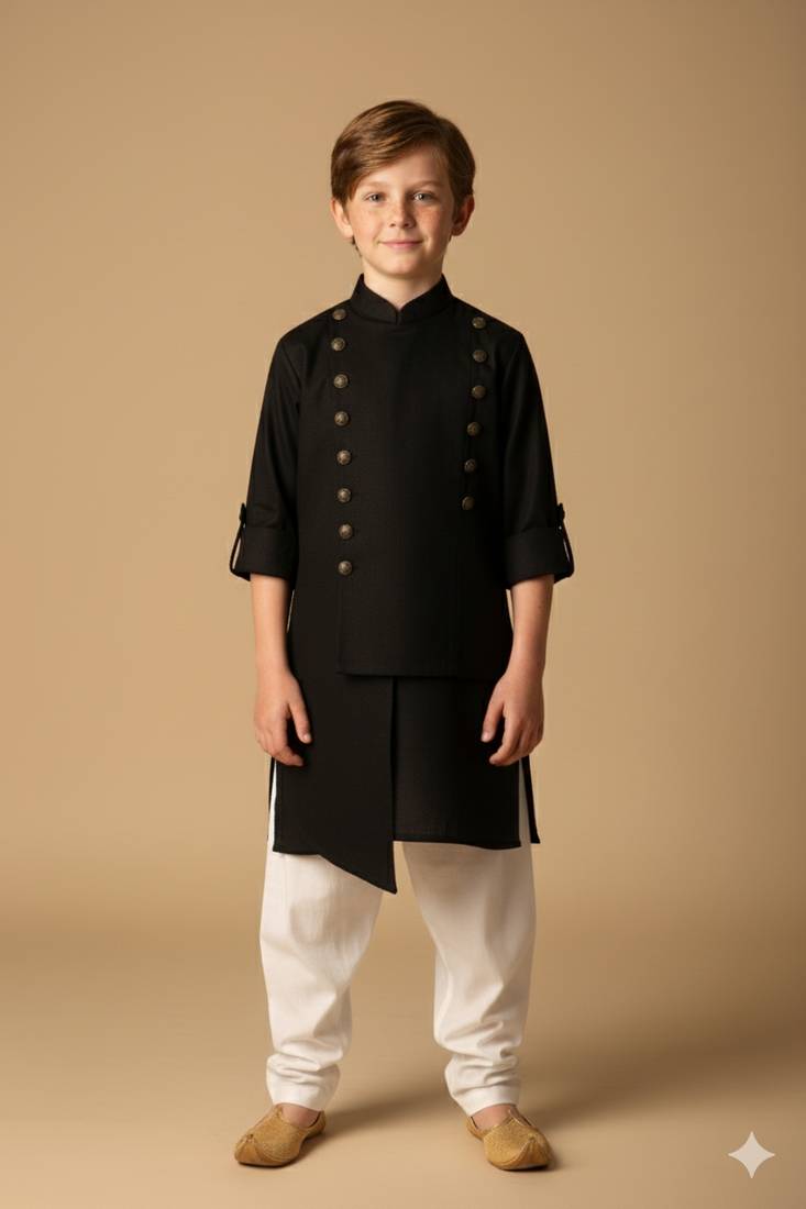 Black viscose kurta bandi set for boys