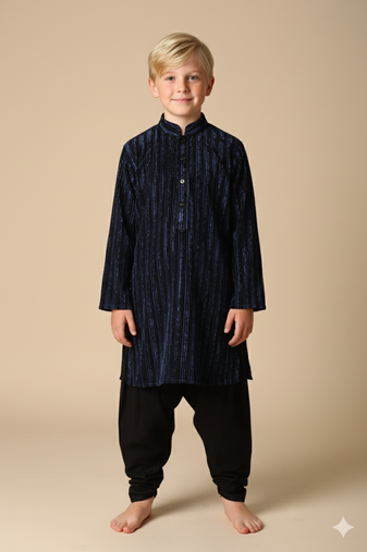 Blue velvet kurta set for boys