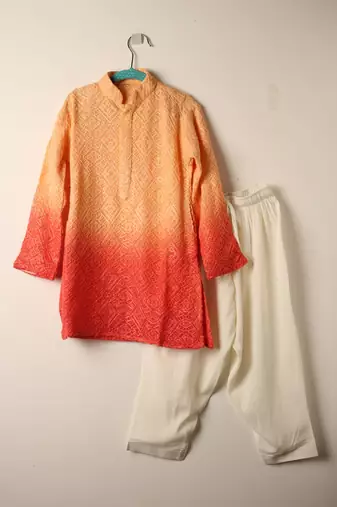 Orange chikankari kurta set for boys