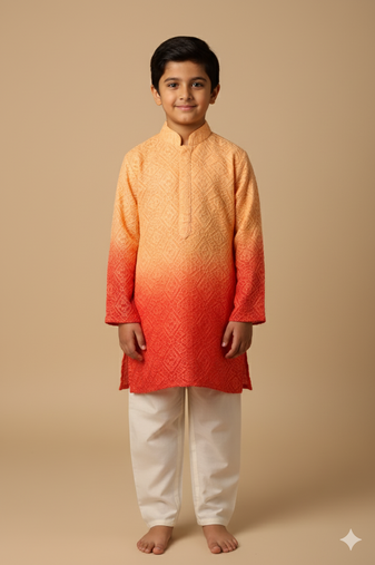 Orange chikankari kurta set for boys