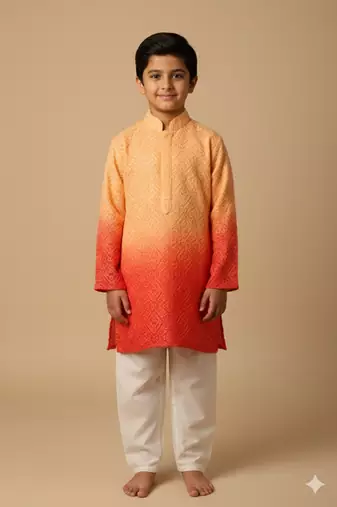 Orange chikankari kurta set for boys