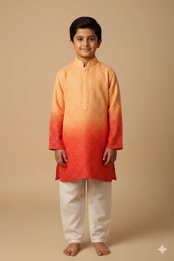 Orange chikankari kurta set for boys