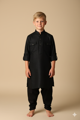 Black woven pathani set for boys 1