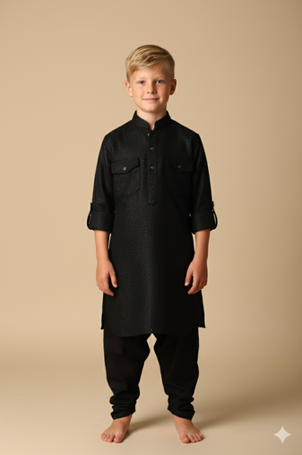 Black woven pathani set for boys