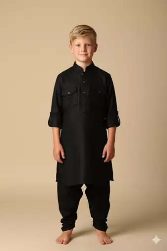 Black woven pathani set for boys