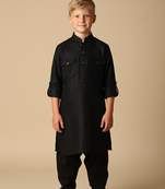 Black woven pathani set for boys