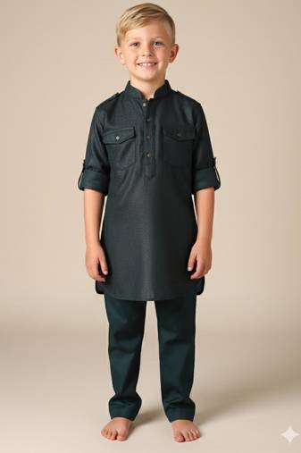 Green woven pathani set for boys
