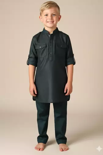 Green woven pathani set for boys