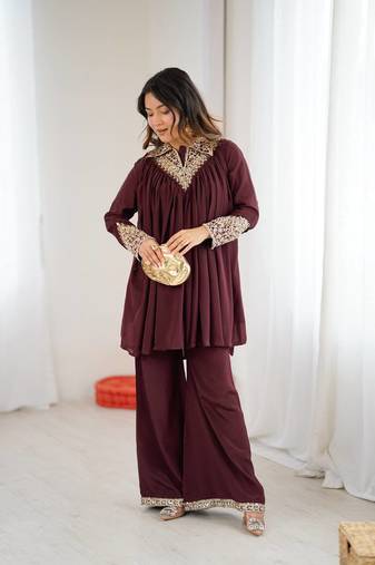 Maroon embroidered Co ord set