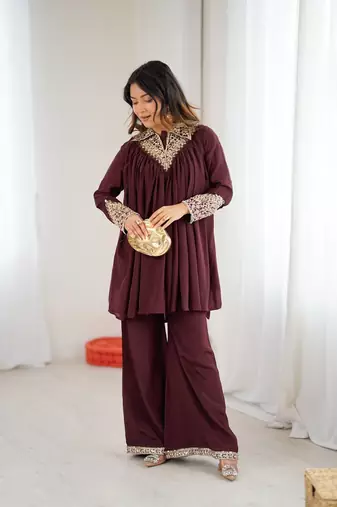 Maroon embroidered Co ord set