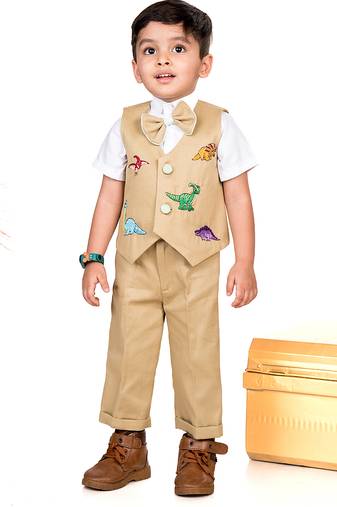 Beige embroidered cotton waist coat set