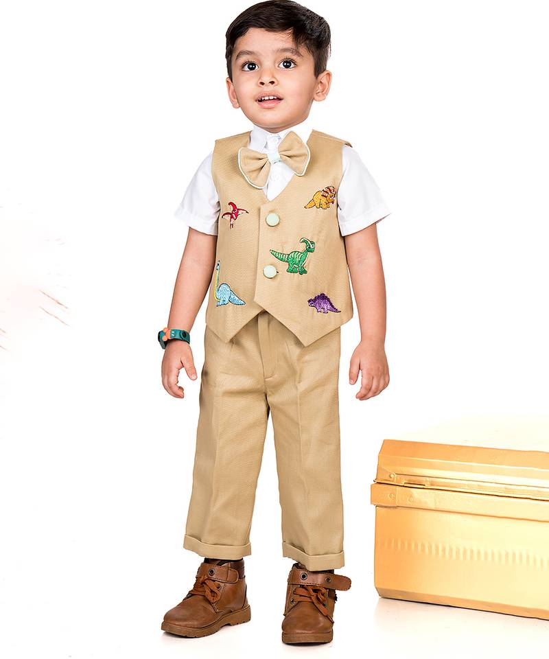 Beige embroidered cotton waist coat set