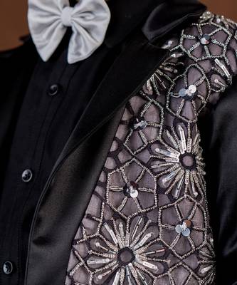 Black embroidered satin suit 2