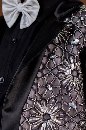 Black embroidered satin suit