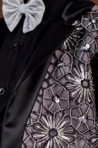 Black embroidered satin suit