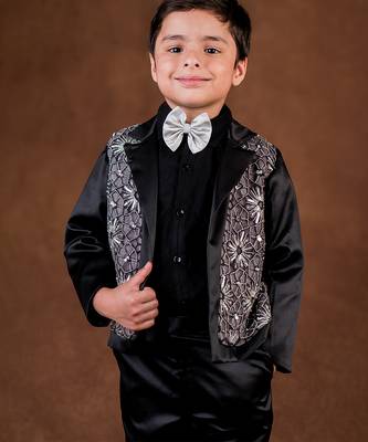 Black embroidered satin suit 1