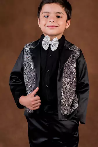 Black embroidered satin suit