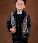 Black embroidered satin suit