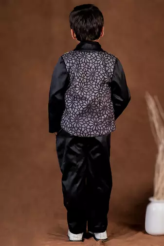 Black embroidered satin suit