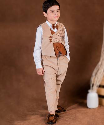 Beige plain corduroy waist coat set 1