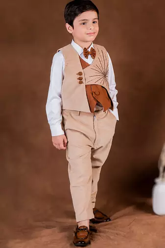 Beige plain corduroy waist coat set
