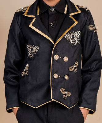 Black embroidered cotton blazer set 2