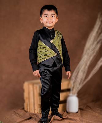 Black embroidered satin waist coat set 1