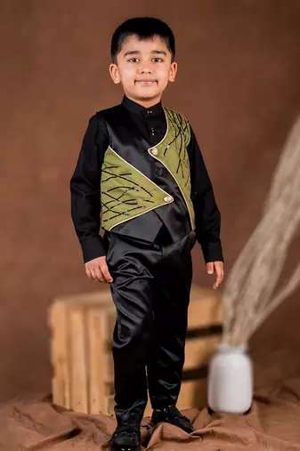 Black embroidered satin waist coat set