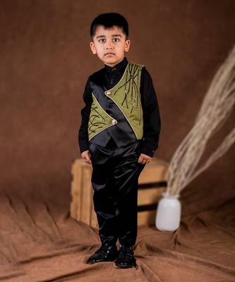 Black embroidered satin waist coat set 2