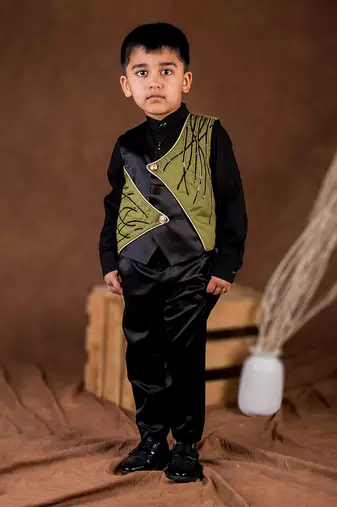 Black embroidered satin waist coat set