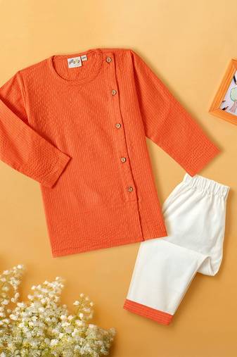 Boys orange side cut katha woven design cotton kurta pyjama set