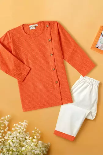 Boys orange side cut katha woven design cotton kurta pyjama set