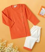 Boys orange side cut katha woven design cotton kurta pyjama set