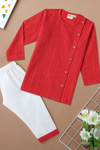 Boys red side cut katha woven design cotton kurta pyjama set