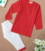 Boys red side cut katha woven design cotton kurta pyjama set
