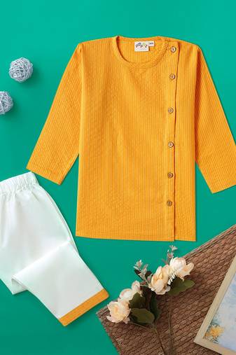 Boys yellow side cut katha woven design cotton kurta pyjama set
