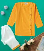 Boys yellow side cut katha woven design cotton kurta pyjama set