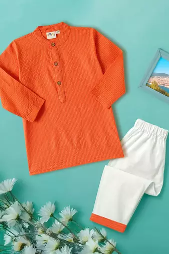 Boys orange middle cut katha woven design cotton kurta pyjama set