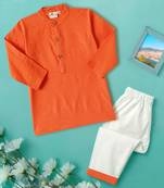 Boys orange middle cut katha woven design cotton kurta pyjama set
