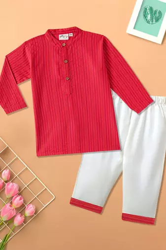 Boys red middle cut katha woven design cotton kurta pyjama set