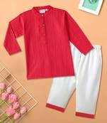 Boys red middle cut katha woven design cotton kurta pyjama set
