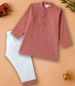 Boys brown middle cut katha woven design cotton kurta pyjama set