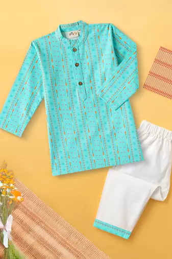 Boys blue tribal strings printed cotton kurta pyjama set