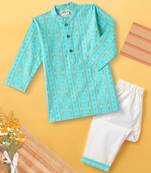 Boys blue tribal strings printed cotton kurta pyjama set