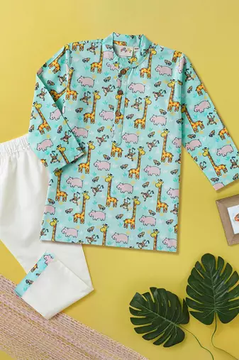 Boys teal hippo and giraffe printed cotton kurta pyjama set