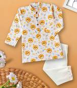 Boys white lion faces printed cotton kurta pyjama set