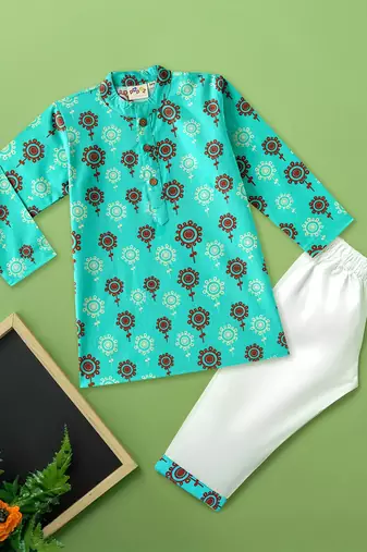 Boys teal floral motif printed cotton kurta pyjama set
