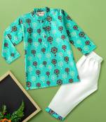 Boys teal floral motif printed cotton kurta pyjama set